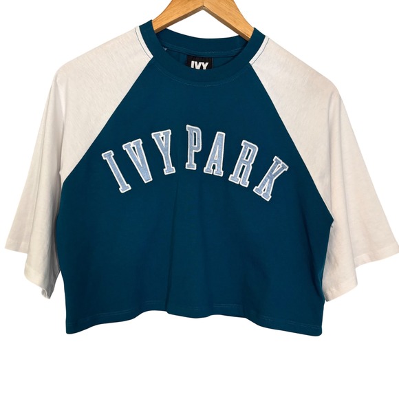 IVY PARK Crop Top Teal Blue White Raglan Sleeve Activewear Tee Size XS Workout - Picture 1 of 6